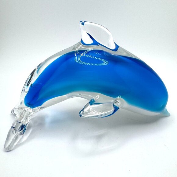 Hand Blown Art Glass Dolphin Figurine Clear Blue & White 6.25" Home Decor - Picture 1 of 7
